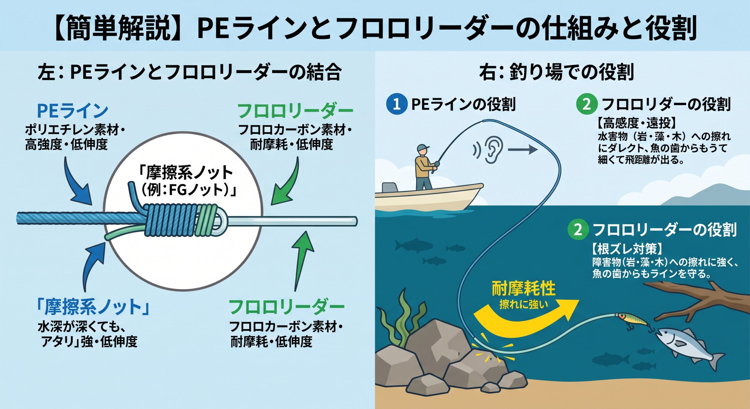 バス釣りの下巻。PE+フロロロングリーダー。メインラインと下巻きの量